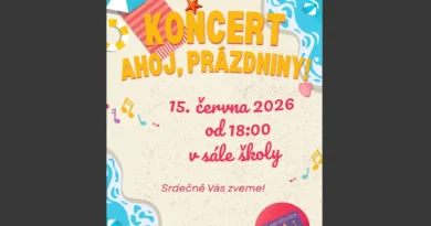 Koncert „Ahoj prázdniny!“ 15. 6. 2026 od 18:00 v sále školy Koncert „Ahoj prázdniny!“ 15. 6. 2026 od 18:00 v sále školy